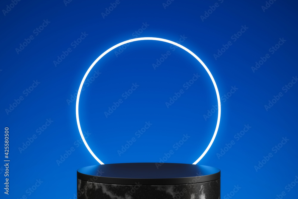 Poster neon blue product stage background or podium pedestal with glowing light blank display platform. 3d 