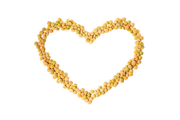 Lentil grains in heart shape isolated on white background. Groats dry brown lentils. Organic and useful for health food, vegetarian uncooked cereal. Agricultural plant harvest. Vegan meal