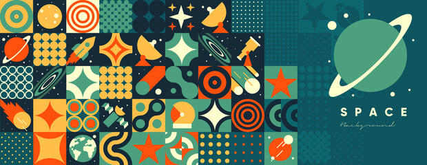 Space. Cosmos. Vector illustrations. Abstract backgrounds, patterns on the theme of space. Minimalistic vintage postcards. Wallpaper, poster, cover. © Molibdenis-Studio