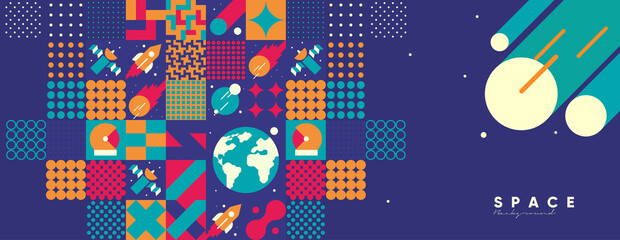 Space. Cosmos. Vector illustrations. Abstract backgrounds, patterns on the theme of space. Minimalistic vintage postcards. Wallpaper, poster, cover. © Molibdenis-Studio