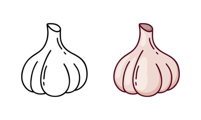 Garlic doodle icon. Linear and color version. Black simple illustration of food ingredient. Contour isolated vector pictogram on white background