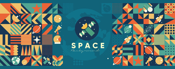 Space. Cosmos. Vector illustrations. Abstract backgrounds, patterns on the theme of space. Minimalistic vintage postcards. Wallpaper, poster, cover.