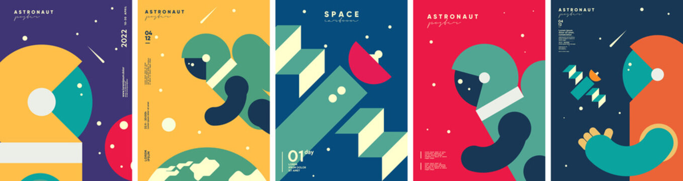 Space. Cosmos. Set of vector illustrations. Wallpaper, poster, cover. Simple flat illustrations about space and the science of the universe.