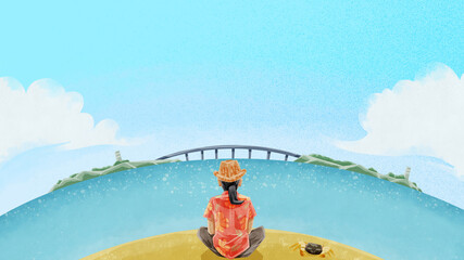 橋の掛かる島が見える砂浜の風景イラスト