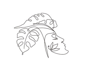 Continuous line of surreal faces , drawing of abstract faces and monstera leaf vector illustration.