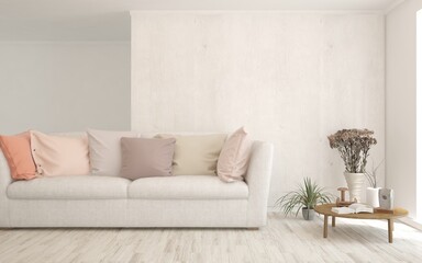 Soft color living room with sofa. Scandinavian interior design. 3D illustration