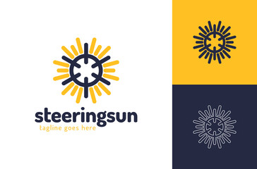 ship steering sun logo. ship wheel logo design vector icon symbol graphic illustration. Boat handwheel, ship wheel helm.
