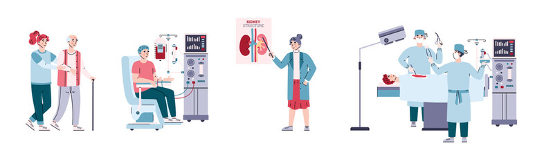 Set of kidney failure with doctors and patients, vector illustration isolated.