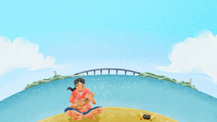 橋の掛かる島が見える砂浜の風景イラスト