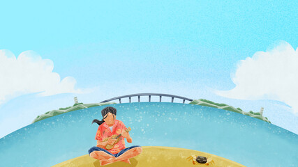 Obraz premium 橋の掛かる島が見える砂浜の風景イラスト