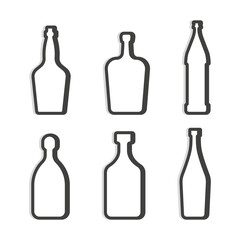 Whiskey liquor beer tequila rum martini bottle. Simple linear shape. Isolated object. Symbol in thin lines. Dark outline. Flat illustration on white background