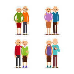 Four couple older people. People stand in pairs. Elderly man and woman stand together and hug each other. Set illustration isolated on white background in flat style