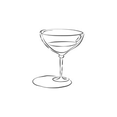 Wineglass with vermouth. Drink element. Contour object. Retro glassware hand draw, design for any purposes. Restaurant illustration. Simple sketch. Isolated on white background in engraving style