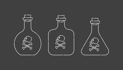 Three form flask poison with skull in side view. Dangerous container. Potion beverage medical conception. Chemistry icon. Venom, danger symbol. Isolated flat illustration on black background