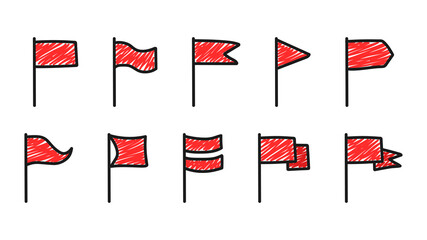 Set of red flags, hand-drawn isolated on a white background. Doodle style. Vector illustration