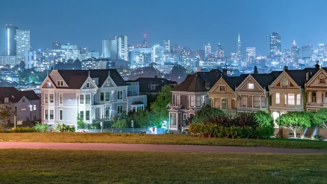 San Francisco Painted Ladies and Downtown Skyline and Pyramid Night Time Lapse California USA
