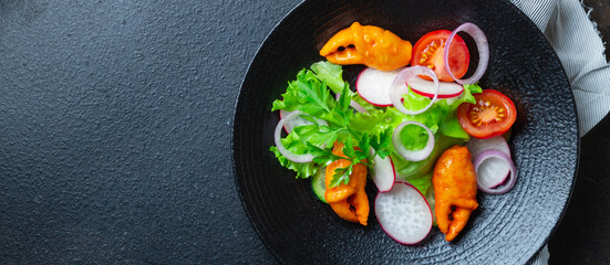 salad crab claws crab stick seafood surimi tomato, cucumber, lettuce vegetable meal snack copy space food background © Alesia Berlezova