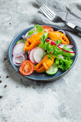 salad crab claws crab stick seafood surimi tomato, cucumber, lettuce vegetable meal snack copy space food background