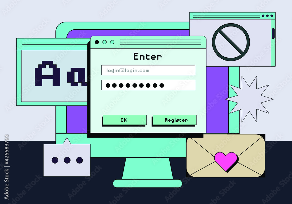 Poster computer screen with programs and applications. conceptual flat vector illustration of ui and ux des