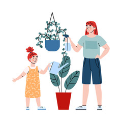 Mother with daughter watering houseplants, cartoon vector illustration isolated.