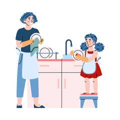 Mother and daughter washing dishes together cartoon vector illustration isolated.