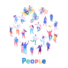 Different Isometric cartoon people. Outdoor activities, People walking street vector set.