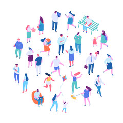 Different Isometric cartoon people. Outdoor activities, People walking street vector set.