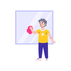 Little boy washes the window himself, cartoon vector illustration isolated.