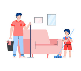 Man and boy washing floors with a mops, cartoon vector illustration isolated.