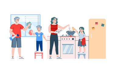 Parents and kids clean kitchen together, cartoon vector illustration isolated.