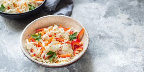 fresh Chinese cabbage salad vegetable pepper, radish, carrot snack vegan or vegetarian healthy meal top view copy space food background keto or paleo diet 