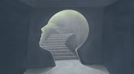 Brain psychology mind freedom soul success and hope idea concept art, 3d illustration, surreal artwork, imagination painting, conceptual idea, human head with stair - obrazy, fototapety, plakaty