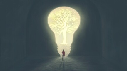 Lightbulb with the tree idea concept art, 3d illustration, surreal artwork, imagination painting, conceptual  © Jorm Sangsorn