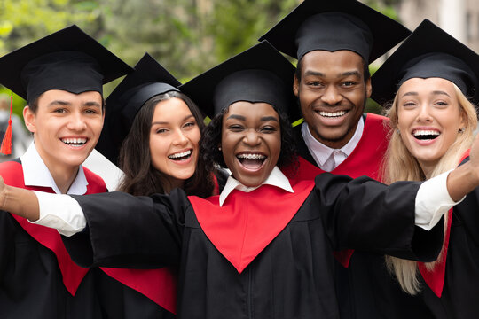 Happy multiracial group of students taking selfie, closeup
