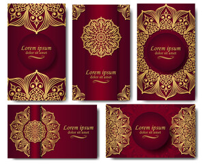 A set of five gorgeous mandala vector patterns. Golden ethnic ornament on burgundy background. Oriental pattern in postcards, labels, posters, invitations, packages. Luxury in your design
