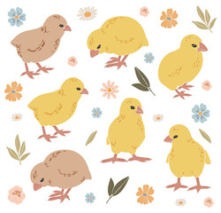 Abstract Easter chickens set, boho Easter chickens, Easter chicks decoration, isolated funny chicks, traditional elements, Happy Easter vector pattern