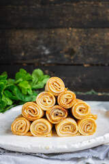crepes sweet thin pancakes dessert flat cake snack healthy breakfast meal top view copy space for text food background rustic