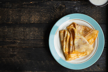 crepes sweet thin pancakes dessert flat cake snack healthy breakfast meal top view copy space for text food background rustic