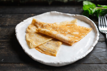 crepes sweet thin pancakes dessert flat cake snack healthy breakfast meal top view copy space for text food background rustic