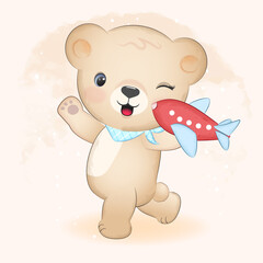 Cute little bear and plane toy hand drawn illustration