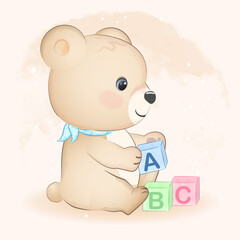 Cute little bear and ABC toy block hand drawn illustration