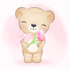 Cute Little Bear and flowers, cartoon animal watercolor illustration