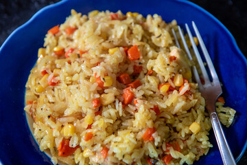 Risotto with chicken and vegetables. A plate of rice with vegetables. Selective focus.