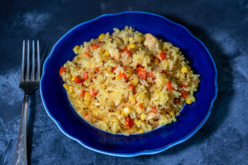 Risotto with chicken and vegetables. A plate of rice with vegetables. Selective focus.