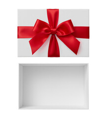 Open white gift box with lid and red bow cut out on white background, present box top view	