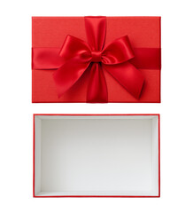 Open red gift box with lid and red bow cut out on white background, present box top view	