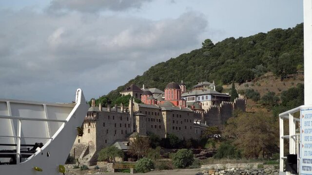 Ferry arrival at Xenophontos Monastery on Mount Athos in Greece