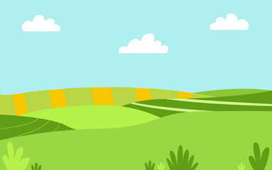 Fototapeta na wymiar Cute green meadow, blue sky with white fluffy clouds. Summer panorama with a field. Place for your text. Flat cartoon color illustration