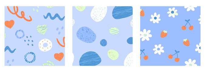 Set of trendy vector contemporary seamless patterns. Hand drawn various shapes and doodle objects. Modern vector illustrations. Stamp texture. Perfect for textile. Every pattern is isolated.