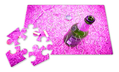 Bottle of beer resting on the ground with three cigarette's butts - concept image in puzzle shape